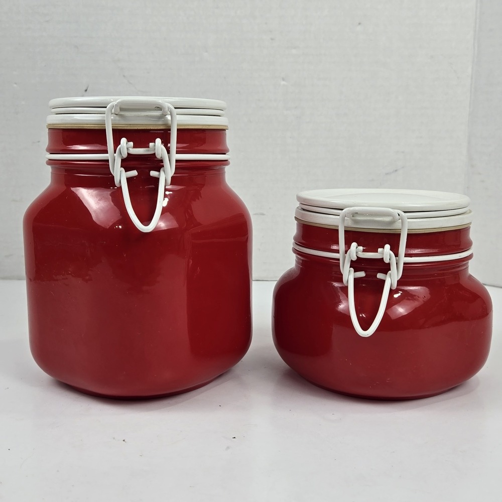 Vtg 1 Qt & 1/2 Qt Red Canister Jars White Lids FOR DECOR ONLY Farmhouse READ